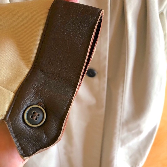 Upcycled Burning Torch Cotton Longline Khaki trench coat with leather trim - Picture 6 of 8